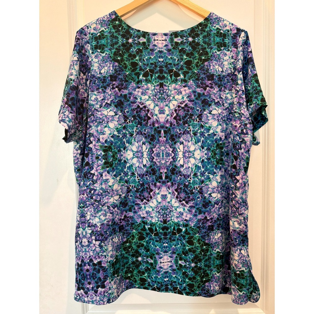 Liz Claiborne Woman 2X Kaleidoscope Floral Blouse Purple Teal Short Sleeve Top